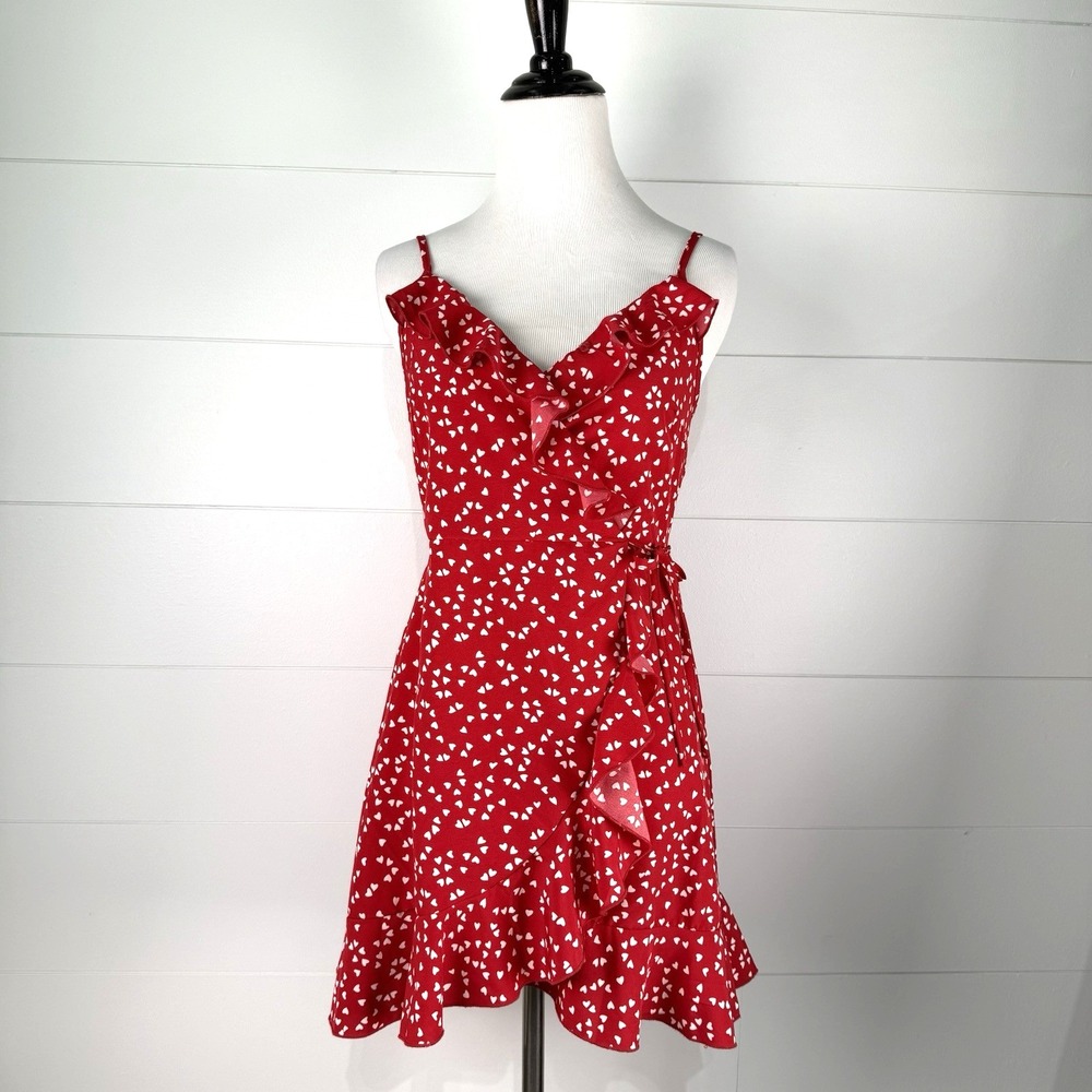 Dainty Heart Print Wrap Sun Dress Girl L 12 13 Ruffle Party Cottage Core Retro